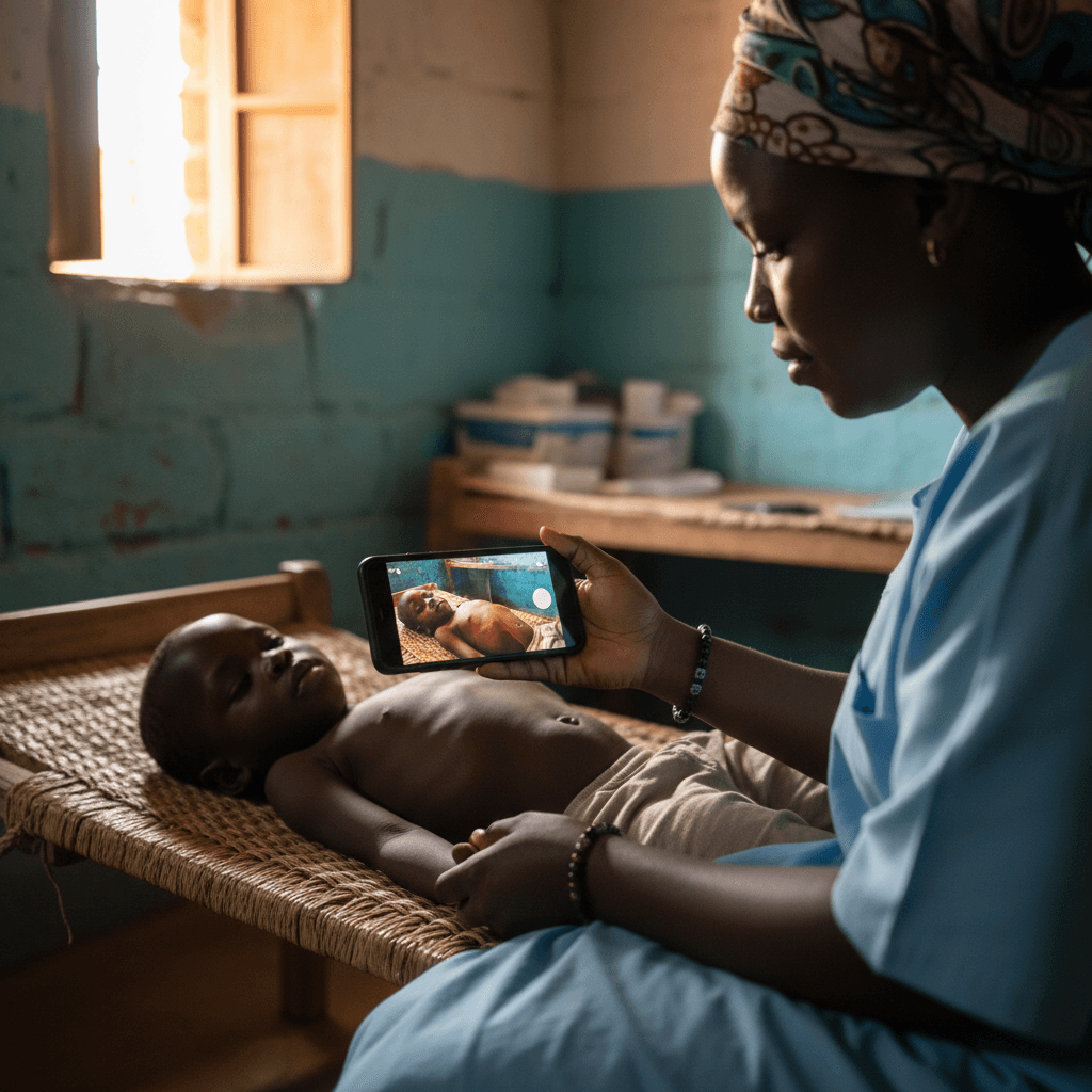 A frontline clinician supporting a child in a low-resource setting